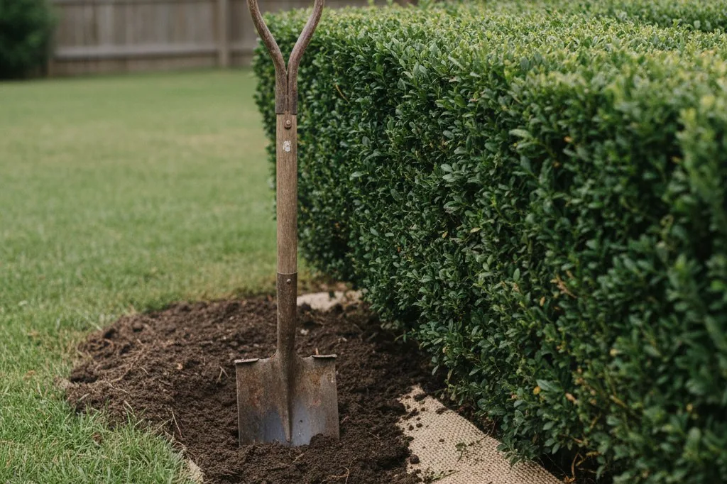 A garden spade partially inserted into dark soil next to a boxwood hedge, with a section of beige landscape fabric visible in the shallow excavated hole beneath