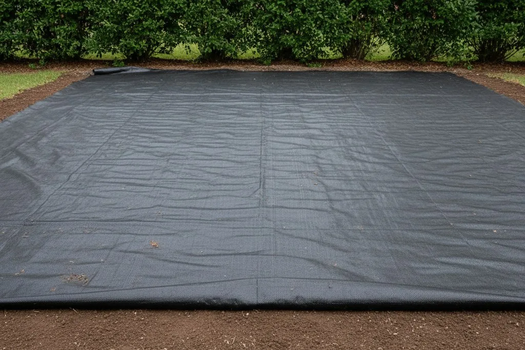 Black landscape fabric laid flat across exposed brown soil running parallel to a hedge line, with the fabric edge clearly visible where new topsoil has been pul