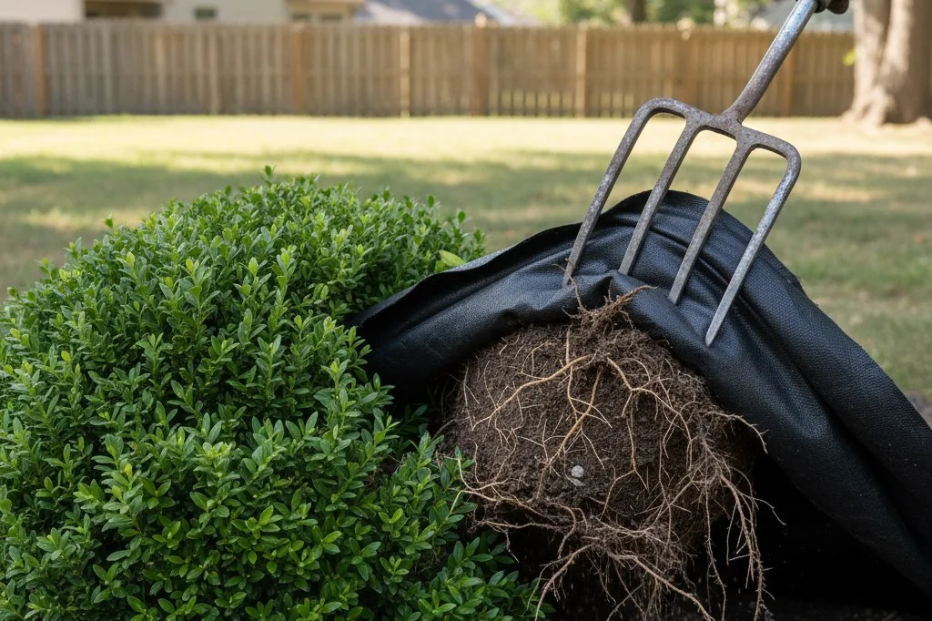 A gloved hand holding a garden fork lifting landscape fabric up from underneath a boxwood shrub, with pale roots visible clinging to the underside of the fabric