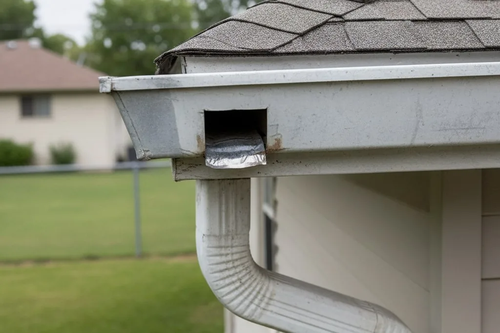 A rectangular metal outlet hole cut into the side of an aluminum gutter trough, showing crimped edges where the downspout connects