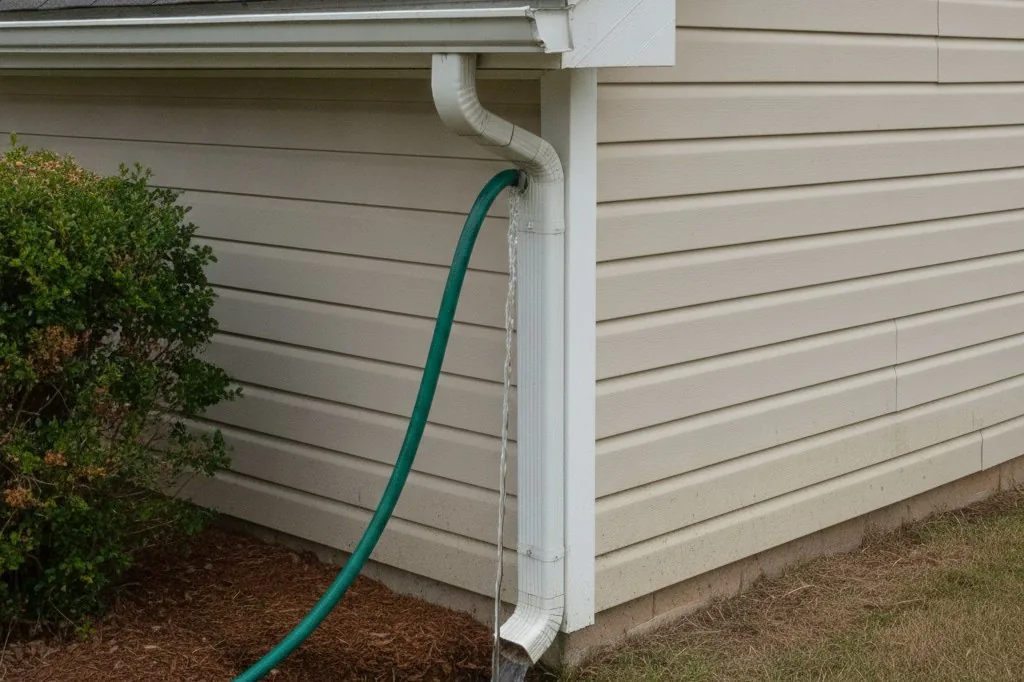A garden hose inserted into the top opening of a white vinyl downspout attached to the corner of a house, with water running through it