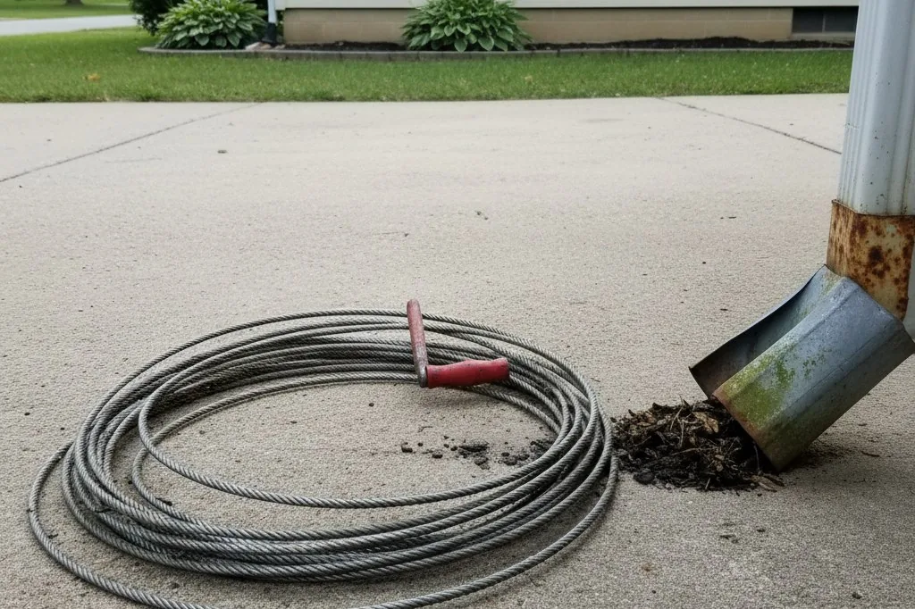 A coiled plumber's snake with a hand crank lying on a concrete driveway next to the bottom opening of an aluminum downspout