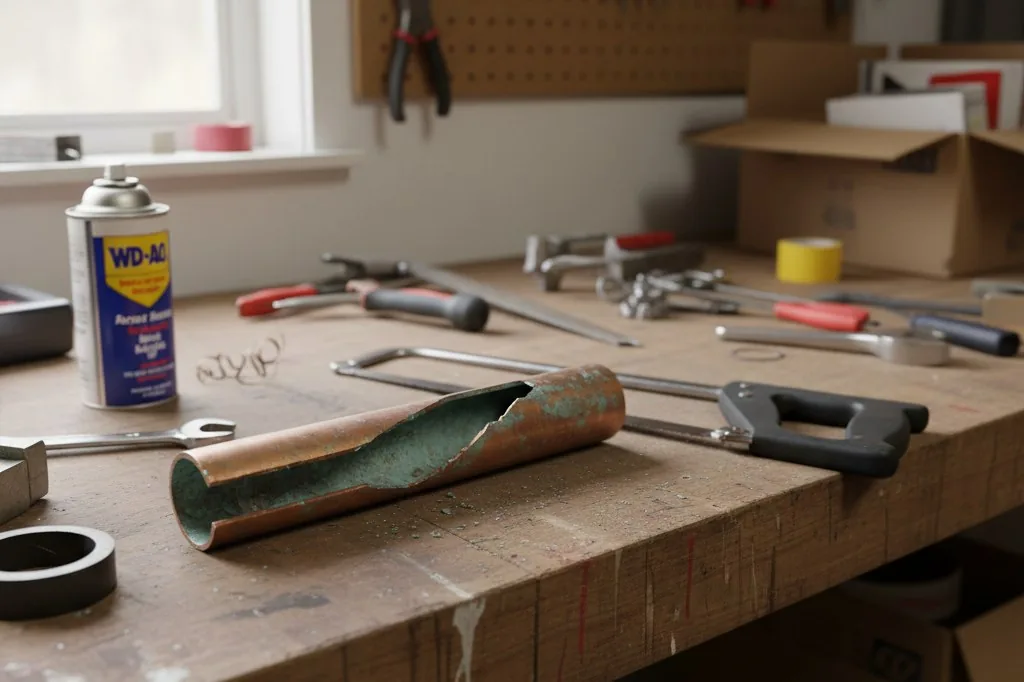 A copper pipe section split lengthwise with jagged edges, lying on a workbench beside a hacksaw, the metal rupture exposing the interior wall