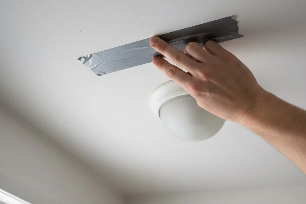 A hand pressing a six-inch strip of silver duct tape firmly against a white painted bathroom ceiling above a light fixture