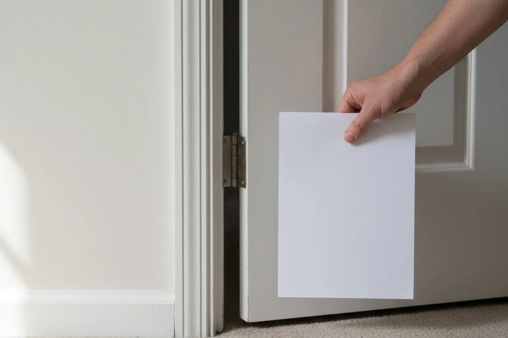 A hand holding a sheet of white printer paper sliding it into the narrow gap between a white wooden door and its frame near the bottom hinge