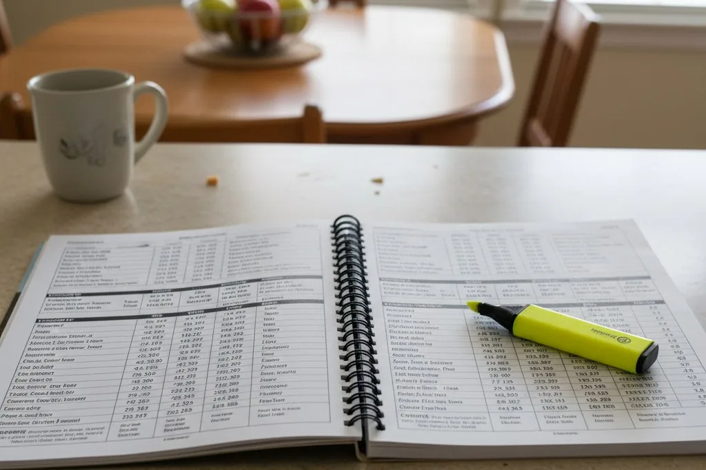 A spiral-bound university extension guide lies open on a kitchen counter beside a yellow highlighter, showing printed tables with column headers and rows of dat