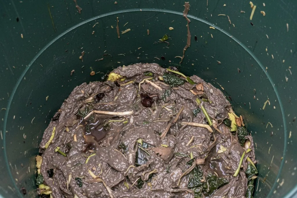 A close-up inside a compost bin shows waterlogged vegetable scraps and coffee grounds forming a compressed, slimy gray-brown layer with visible liquid pooling a