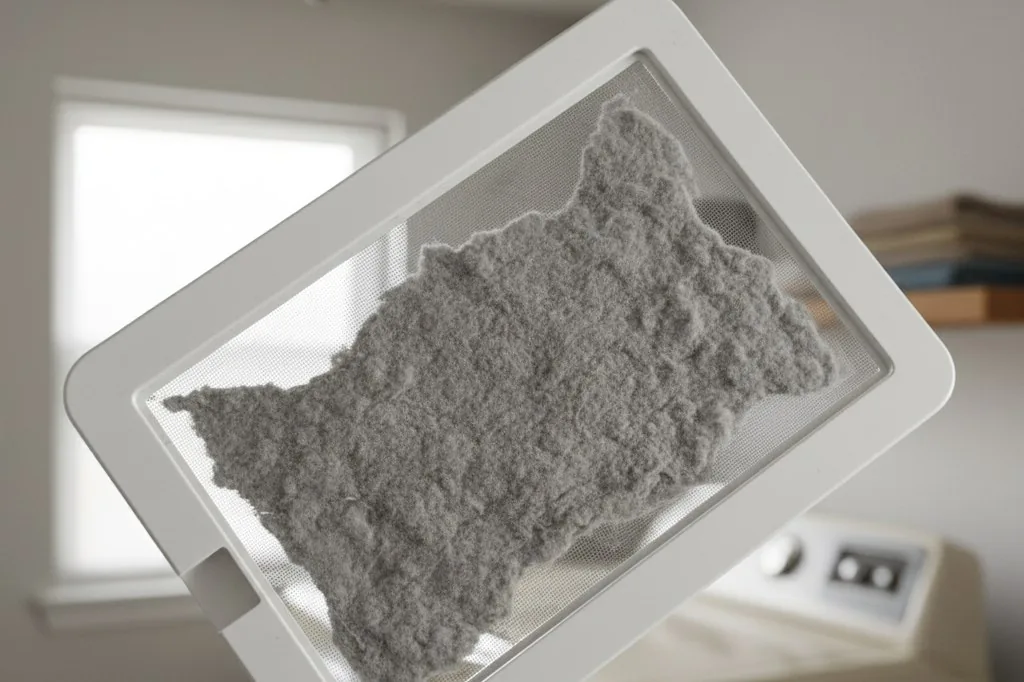 A white plastic dryer lint screen held at an angle under indoor lighting, showing a thick gray layer of lint accumulated in the fine mesh beneath where the usua