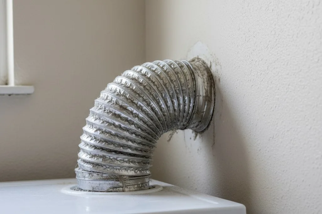 A silver aluminum flex duct kinked and compressed in the narrow gap between the back of a white dryer and a textured drywall wall, with dust visible along its r