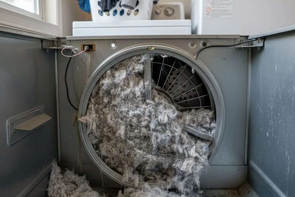 The exposed interior cavity of a dryer with the front panel removed, showing a gray metal blower housing packed with compressed white and gray lint matted again
