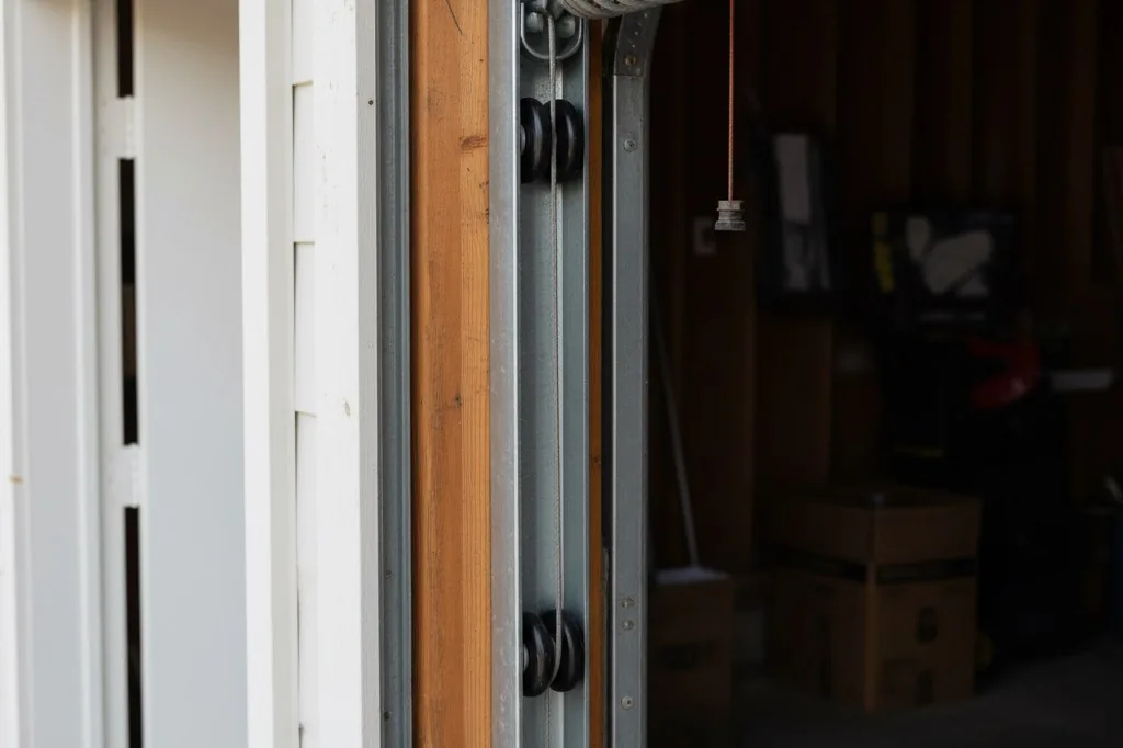 A vertical steel garage door track mounted to the garage door frame, showing the metal rail with rollers seated inside it and a coil spring visible at the top
