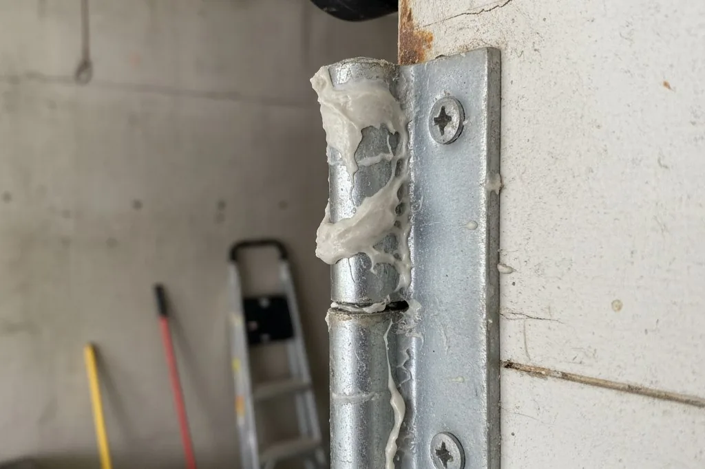 A close-up of a garage door roller shaft and hinge joint with thick, whitish grease visibly coating the metal pin and bracket