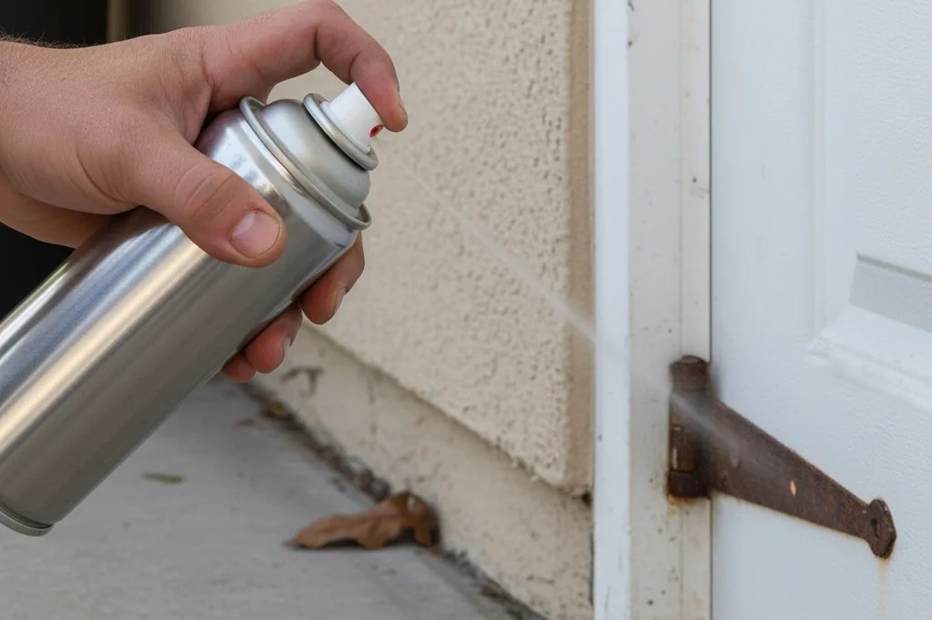 A hand holding a red-capped aerosol can angled toward a garage door hinge, with a thin stream of clear spray hitting the metal pivot point