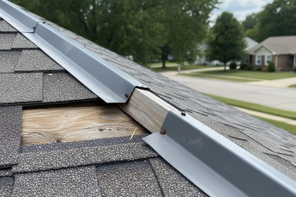 A close-up of a metal drip edge along the angled rake of a residential roof, showing a visible gap between the drip edge and the roof sheathing where water coul