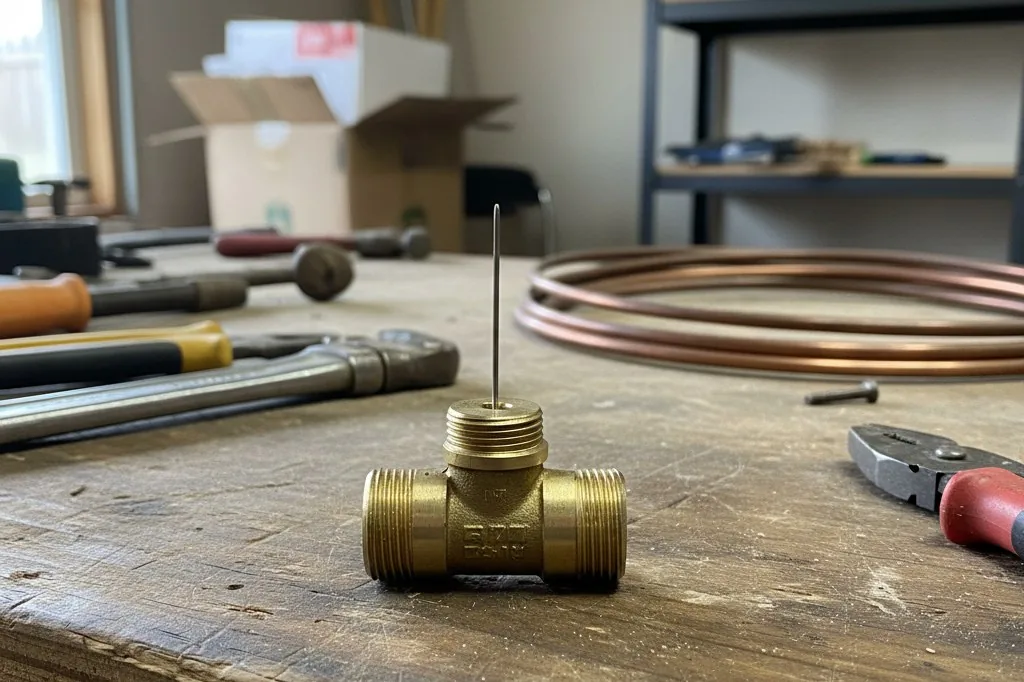 A small brass pin, half an inch long and pencil-lead thin, protruding vertically from the threaded brass base of a radiator valve body laid on a workbench