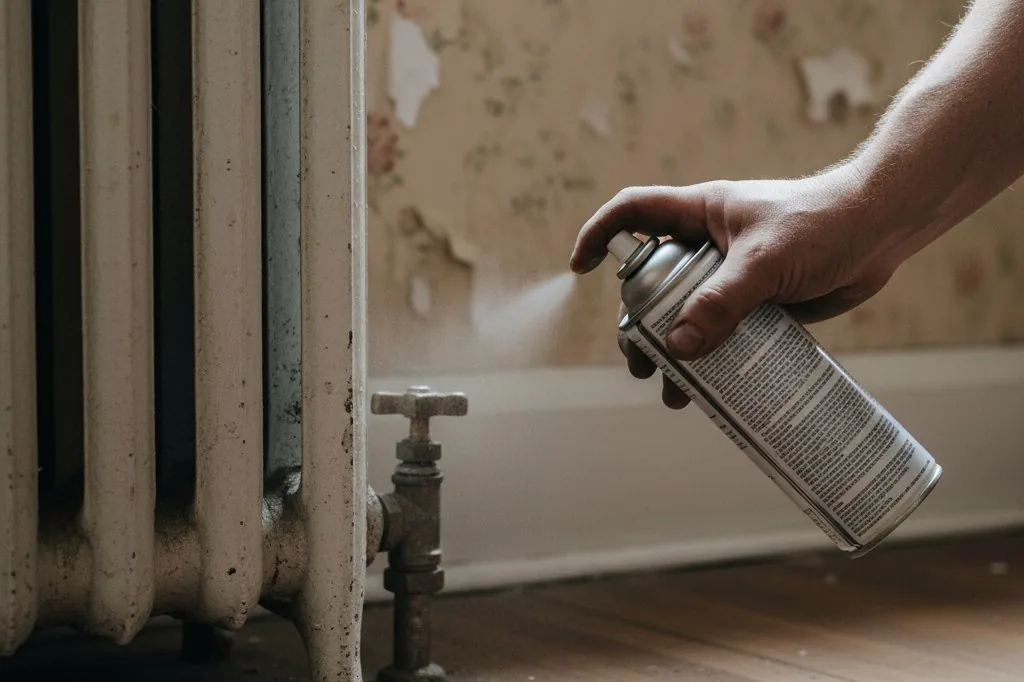 A hand holding a can of penetrating oil, spraying it onto the exposed brass pin of a radiator valve, with a flathead screwdriver and slip-joint pliers lying on