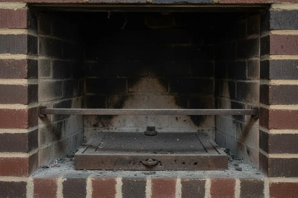 A cast iron damper lever, a flat six-inch metal rod, positioned inside the throat of a brick fireplace above the firebox opening