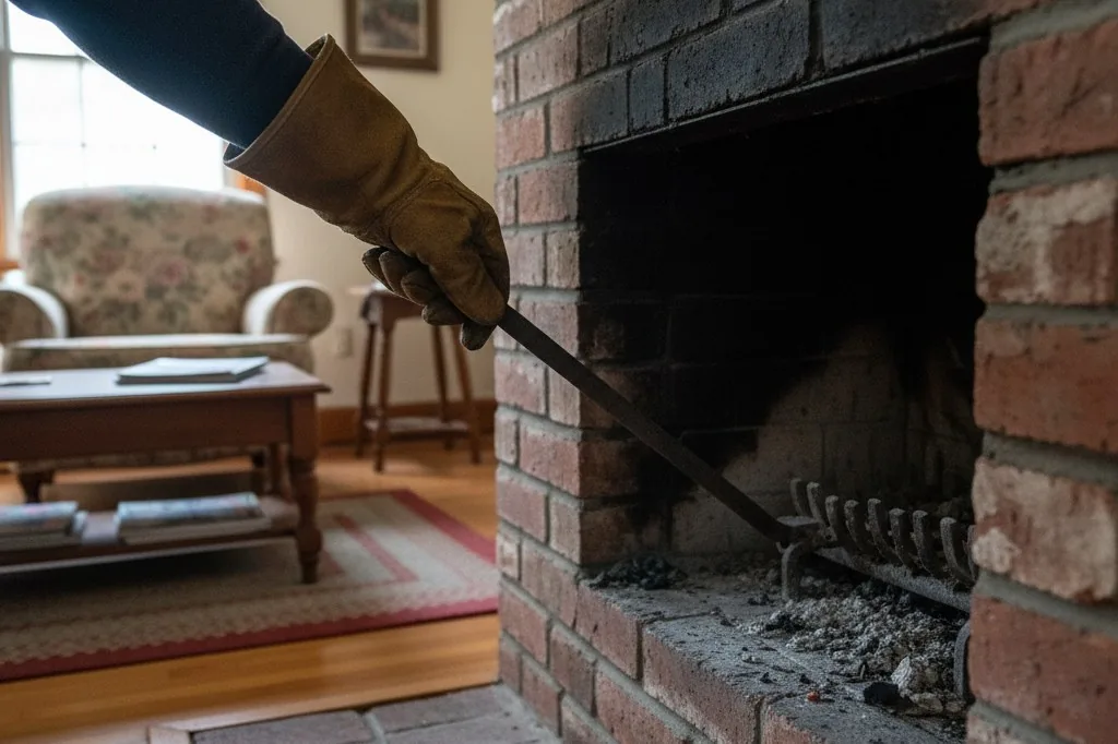 A gloved hand reaching up into the dark throat of a fireplace to grasp a metal damper lever angled partially closed against the sooty brick interior