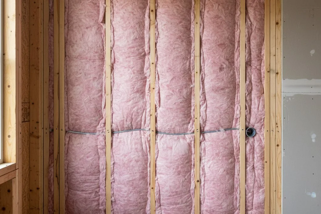 A cross-section of an exterior wall frame shows exposed wooden two-by-six studs with pink fiberglass insulation batts installed between them in the cavities