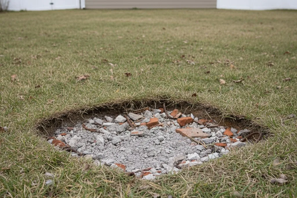 A square section of excavated lawn soil in a shallow hole, showing dense gray clay mixed with rocks and construction debris just beneath the brown grass layer