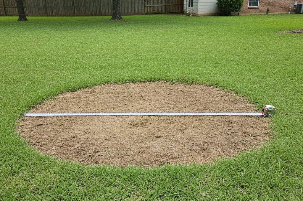 A bare circular patch of compacted brown earth in the middle of a green lawn, with a metal tape measure extended across its diameter