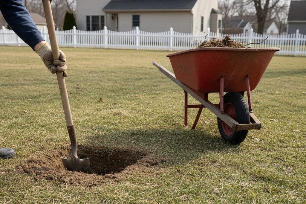A pair of gloved hands pressing a flat spade blade vertically into the edge of a bare dirt patch in a suburban lawn, with a red wheelbarrow visible beside the h