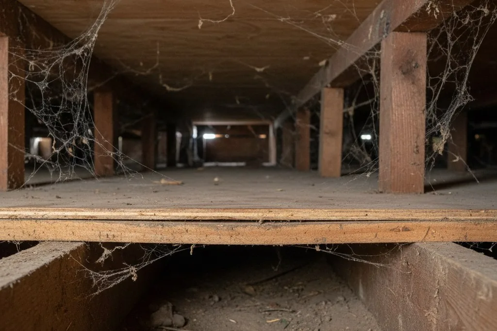 A visible gap between the underside of plywood subfloor and the top surface of a floor joist in a dim crawlspace, with dusty wooden beams and spiderwebs visible
