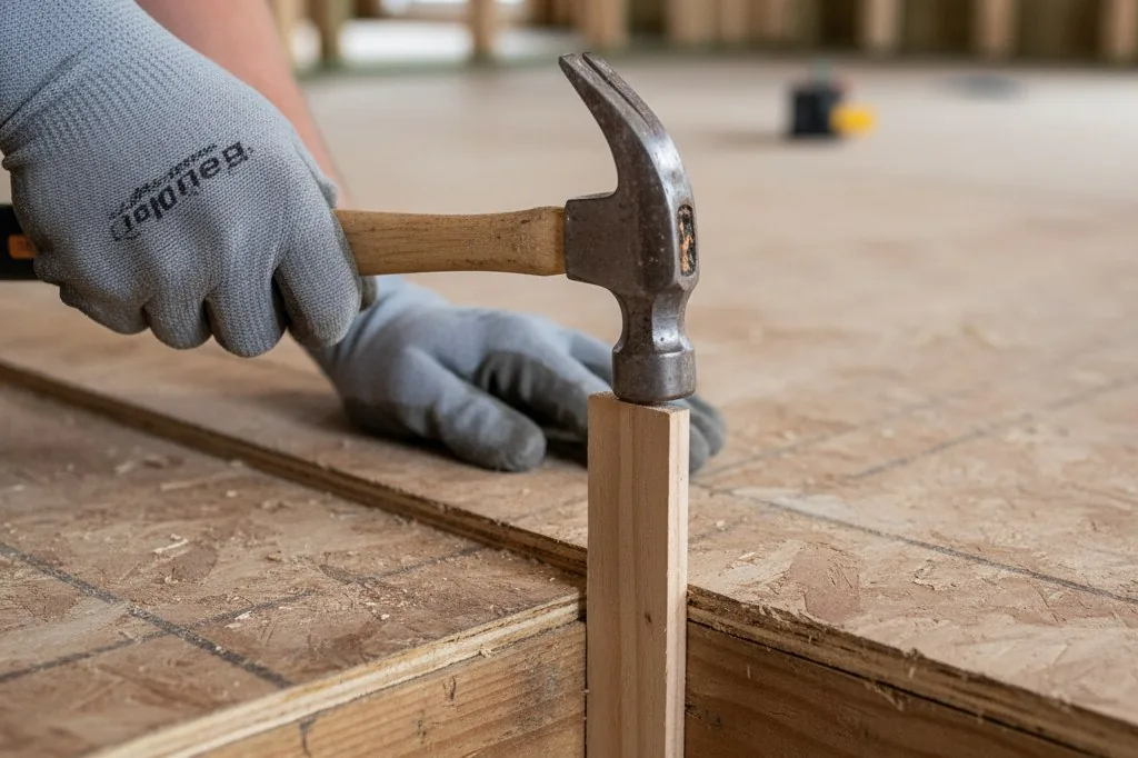 A hand holding a small hammer taps a tan cedar shim wedge into the narrow space between plywood subfloor and floor joist, with wood grain visible on both surfac