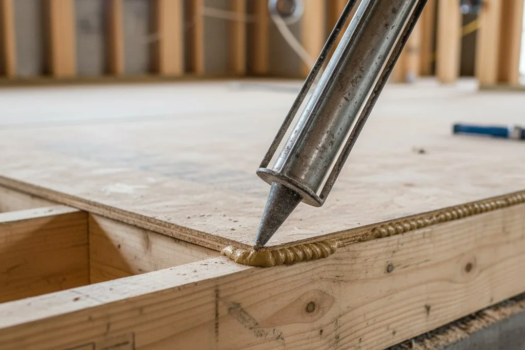 A caulking gun tip squeezes a thick bead of tan construction adhesive onto the top edge of a floor joist beneath exposed plywood subfloor in an unfinished space