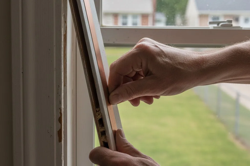 A hand pressing bronze V-strip weatherstripping into the channel of a wooden double-hung window sash
