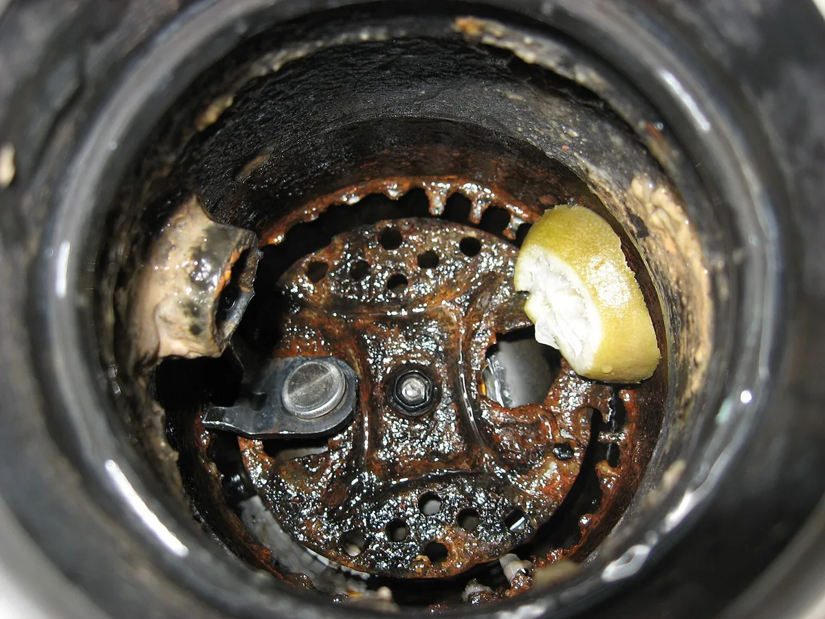 Under-sink cabinet with P-trap drainpipe visible beneath a kitchen sink