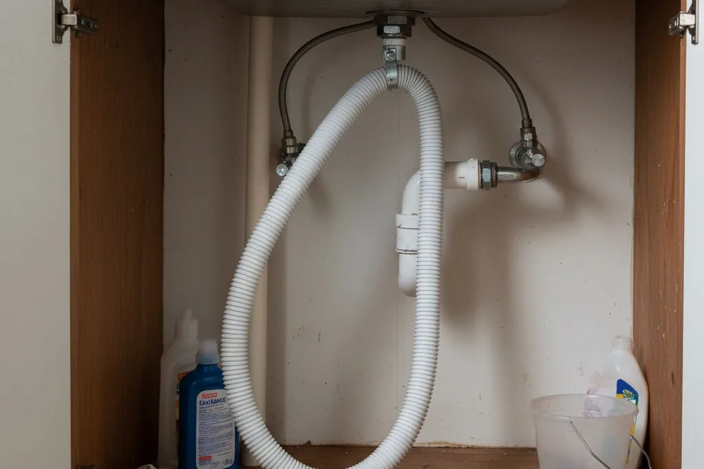 A white plastic dishwasher drain hose sagging downward in a deep U-shape beneath a kitchen sink, with the lowest point several inches below the cabinet floor