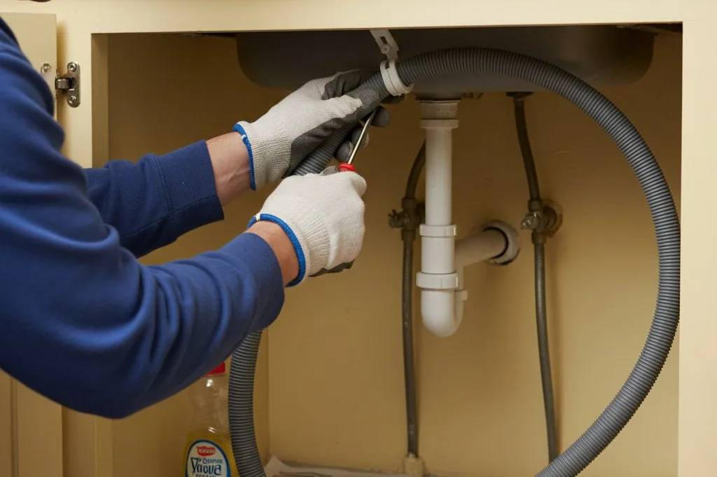 A pair of hands securing a dishwasher drain hose in a high upward arch against the inside wall of a kitchen sink cabinet, fastened with a plastic clip near the