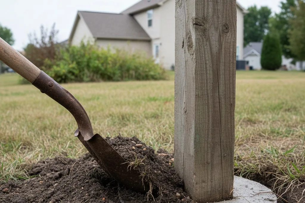 A shovel blade cutting into soil around the base of a fence post, exposing the top edge of a concrete footing below