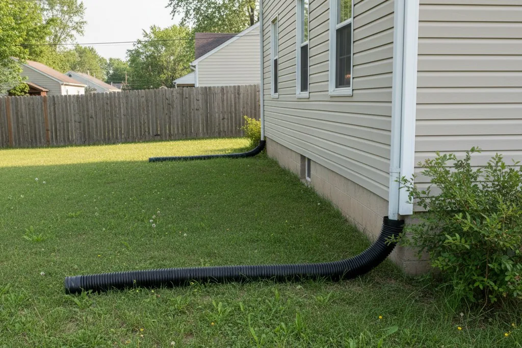 A black corrugated downspout extension lying curved across grass, running away from the base of a house