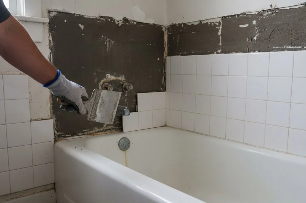 A hand holding a metal putty knife wedged under the edge of a white ceramic wall tile above a bathtub, with several other tiles already removed revealing dark a
