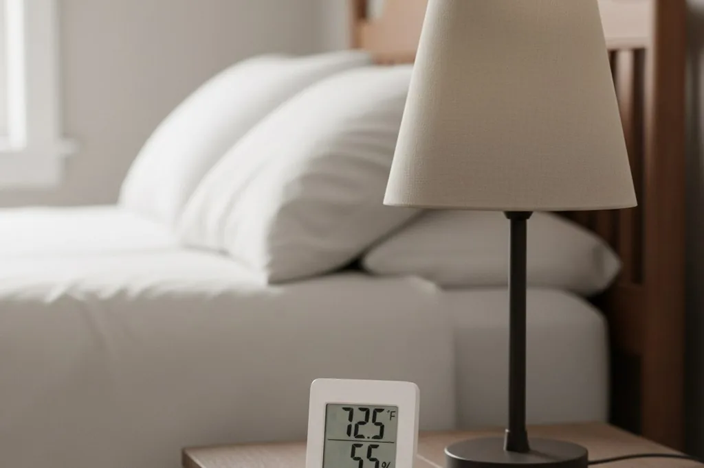 A small white rectangular digital hygrometer sitting on a wooden bedroom nightstand next to a table lamp, its LCD display showing temperature and humidity readi