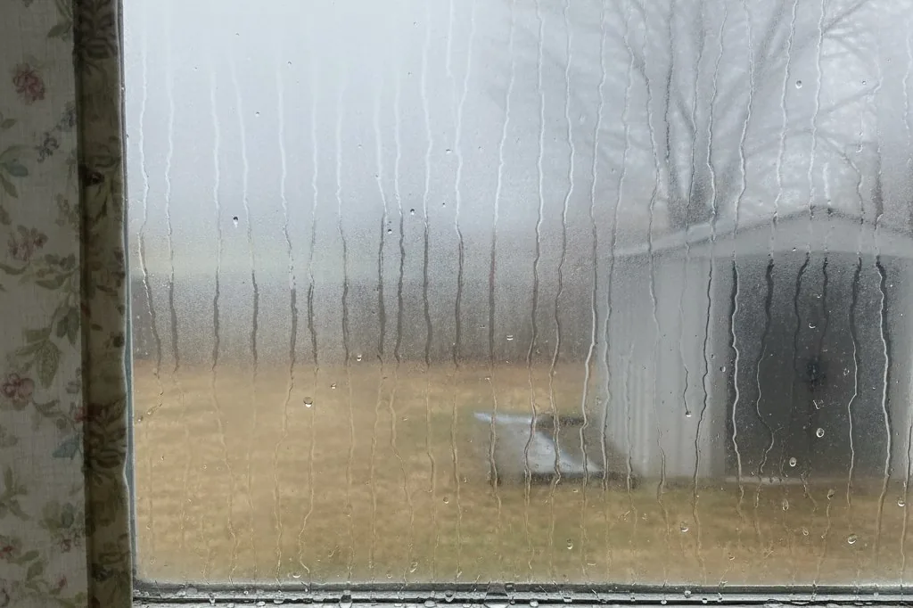 Condensation pooled in thick droplets along the bottom edge of a bedroom window pane, with the moisture running down the glass in vertical streaks