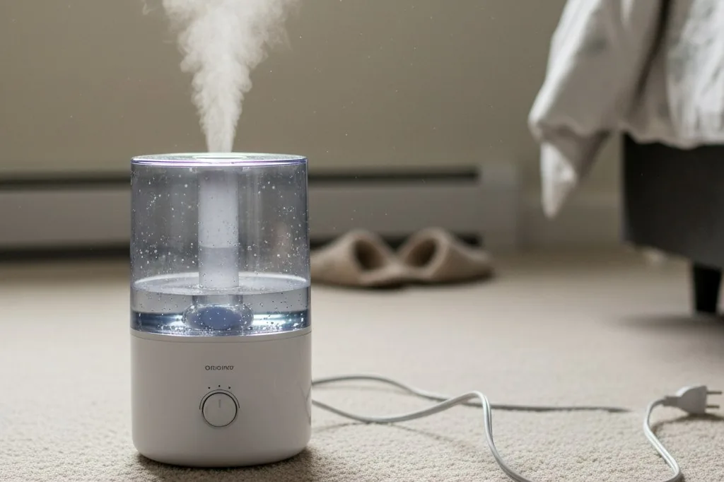 A white tabletop humidifier with a clear water tank sitting unplugged on a bedroom floor near the baseboard, with its power cord coiled beside it